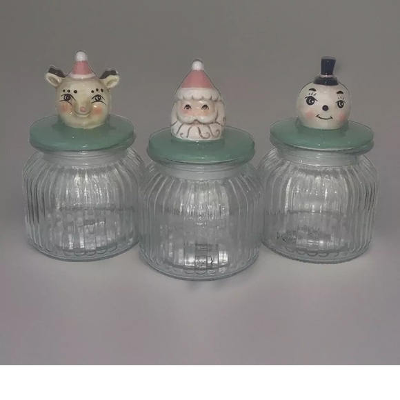 Johanna Parker Glass Jars Christmas CanisterReindeer Snowman Santa Pastel 7”